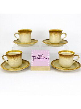 80's Mikasa WHOLE WHEAT  Cream Center Brown Edge Stoneware Cups & Saucers Set 4